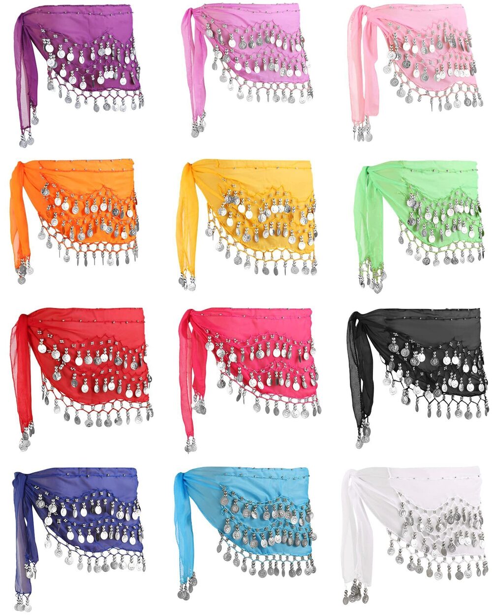 4409 12 Pieces Belly Dance Hip Scarf for Belly Dancer 12 Colors Waist Chain
